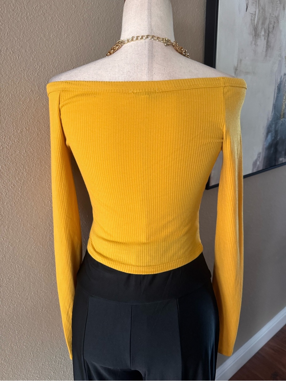 Iris Basic Mustard Yellow Off-Shoulder Button-Front Ribbed Top - Picture 9 of 10